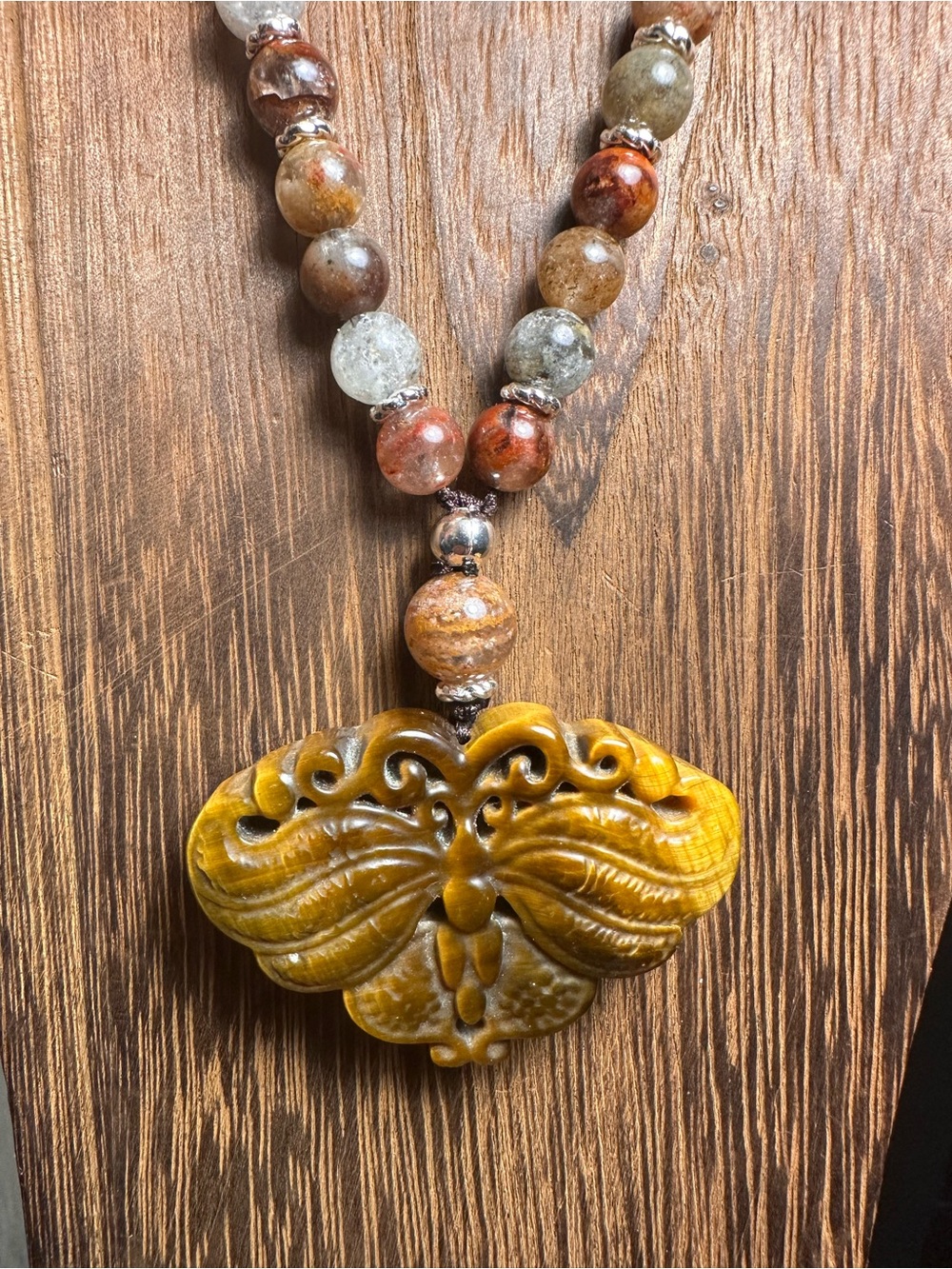 Tiger’s Eye Moth Pendant Necklace on Half Beaded Brown Adjustable Rope - Picture 9 of 15